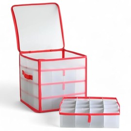 MIJOMA Storage Box, Sorting Box, Christmas Bag for Christmas Tree Baubles and Christmas Decorations, Collapsible, Transparent (Red, 31.5 x 31.5 x 31.5 cm for 64 Pieces with Inserts)
