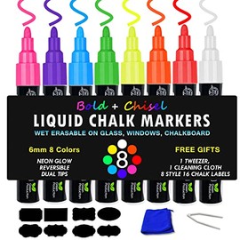 Neon Liquid Chalk Markers 8 Pack Set, Wet Erase Reversible Chisel & Bold Pen for Glass Car Auto Window, Non-Porous Chalkboard Blackboard, DIY Handmade & School Supplies, Dual Tip 6mm
