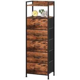 Somdot Tall Night Stand for Bedroom,Tall 5 Drawers Dresser, Vertical Storage Tower Unit, Nightstand Furniture with Fabric Drawer Organizer in Bedside Kids Room, Laundry Entryway, Wood Grain Print