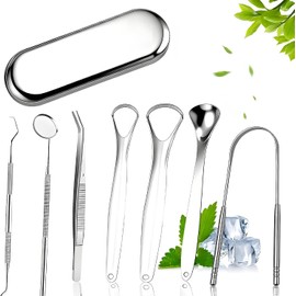 Set de 7 Raspadors de Lengua de Acero Inoxidable Kit, Raspador de Lengua Acero Inoxidable con Estuche de Transporte, Para la Limpieza Bucal y Lingual-Kit de Limpieza Bucal