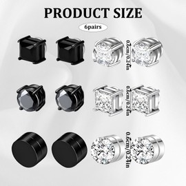 6 Pairs Mens Earrings, Ear Clips for Men and Women, Stud Earrings, Black and Silver Ear Studs, Fashion Jewelry for Everyday Wear and Special Occasions