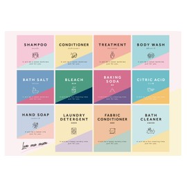 Stylish Waterproof Label Sticker for Refill Bottles, 12 Types in Total (Shampoo, Conditioner, Treatment, Body Soap, Bath Salt, Hand Soap, Etc), Home Time, Large Cleaning, Bottle Replacement