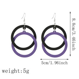 Bohemian Unique Handmade Wooden Hoop Splicing Earrings Retro Statement Colorful Contrast Wood Geometric Lightweight Dangle Drop Earrings for Women (Balck Purple Hollow Earring)