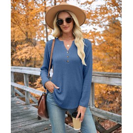 XMTOPYE Womens Long Sleeve Tops Tunic Casual V Neck Shirts Basic Tees Fall Fashion Sweaters Trendy Loose Fit Ladies Cute Clothes Blue
