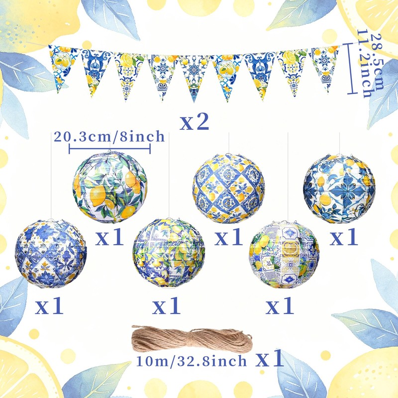 Capri Lemon Paper Lanterns Mediterranean Yellow Blue Tiles Hanging Decor