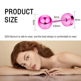 ZDE Women Flat Back Ball Earrings Titanium Hypoallergenic Earrings Stud for Sensitive Ears Flat Stud Earring for Helix Tragus Cartilage (Pink, 4MM)