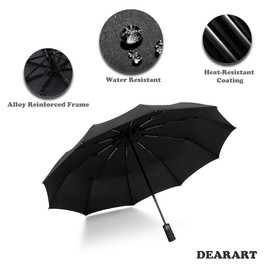 DEARART Folding Umbrella Wind/Rain Umbrella, Strong Compact Umbrella Folding10 RIBS, Umbrellas Essential Travel/Car/Backpack and on the go, Auto Open&Close, Black