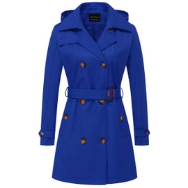 CREATMO US Women Trench Coat Womens Rain with Hood Women's Notched Lapel Double Breasted Jacket Belt Royal Blue 3XL