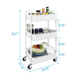 MAX Houser 3-Tier Rolling Utility Cart with Caster Wheels,Easy Assembly, for Kitchen, Bathroom (White)