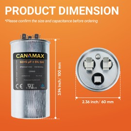 Canamax 60+5 MFD uf ±5% 370/440 Volt VAC Dual Run Start Round Capacitor - Compatible with Condenser Straight Cool or Heat Pump Air Conditioner