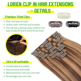 LORIEN Clip in Hair Extensions Real Human Hair, 24 Inch 120g, 4/27 Chocolate Brown to Caramel Blonde, Clip in 100% Brazilian Remy Human Hair Extensions 8pcs Per Set with 18 Clips Double Weft