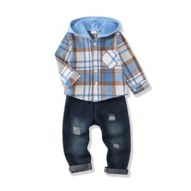 Yhnslsf 2T Toddler Boy Clothes 3T Fall Winter Kids Boys Outfits Sweatshirts Flannel Plaid Long Sleeve Button Hoodied Shirts Denim Pant Jeans Casual Ripped Jeans Sweatsuit Lightblue Kids Boys Set