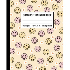 Composition Notebook College Ruled: Pastel Yellow & Pink Smiley Face Preppy Aesthetic Composition Book - Cute & Retro School Supplies for Teen Girls