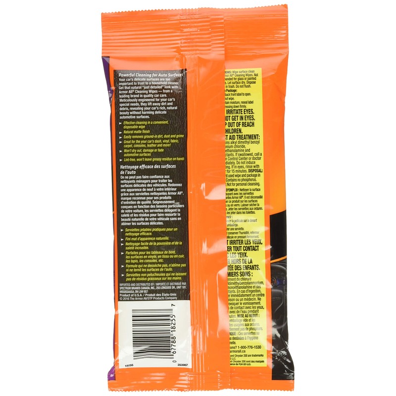 Armor All 18255 Original Cleaning Wipes, Pouch, 20 Wipes