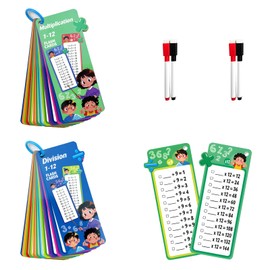 2 Pcs Set Times Tables Flash Cards, 0-12 Time Table Card Chart with 4 Dry Erase Pens, 15 Sheet Multiplication Tables 15 Sheet Addition Flash Cards, Math Learning Tools for Home and Classroom