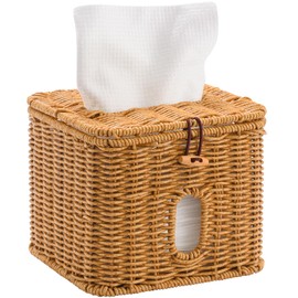Hordely Plastic Rattan Disposable Face Towel Holder, Facial Clean Skin Club Face Towels Holder for Bathroom, Farmhouse Style XL Face Towel Box Basket with Lid, Brown