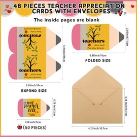 Spakon 48 Sets Teacher Appreciation Cards with Envelope and Sticker Pencil Shape Card Teacher Thank You Cards Bulk Inspirational Quotes Card Teacher Thank You Notes Teacher Appreciation Gifts