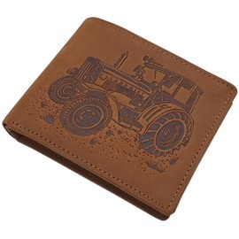 myledershop Genuine Buffalo Full Leather Farmer Wallet / Purse / Wallet in Portrait or Landscape Format with Tractor Motif and RFID & NFC Protection, Model 2 / Landscape / Cognac, Modern