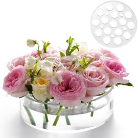 Acrylic Flower Vase 20 cm Diameter Circular Leakproof Clear Acrylic Low Vase with 16+5 Holes - Low Profile Cylinder Floral Centrepiece for Table - Clear