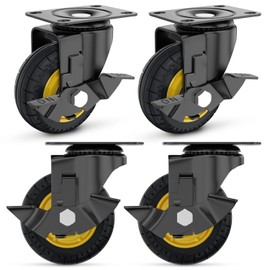 Lygoeege 3 Inch Swivel Caster Wheels with Side Brake, Up to 800lbs by Set of 4, Solid Rubber, Plate Casters, Outdoor, Flat Free for Carts, Dolly, Workbench, Trolley, DIY Tools