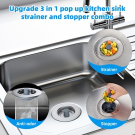 Hibbent Kitchen Sink Plug,Kitchen Sink Strainer and Stopper Combo,with 2 Stainless Strainers,Stainless-wrap Shell,Anti-Clogging,Kitchen Sink Strainer Plug,and Prevent Odors-Sinks Depth > 22mm