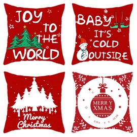 VITEVER Set of 4 Christmas Cushion Covers, Linen Decorative Cushion Covers, Santa Claus Cushion Cover, Decorative Cushion Cover for Sofa, Couch, Bedroom, Living Room (40 x 40 cm, Christmas Tree)