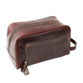 PAHVRION Toiletry Bag for Men Women,Full Grain Genuine Leather Toiletry Bag for Travel,Makeup Cosmetic Case,Shaving Kit Bag,Hygiene Dopp Kit, ReddishBrown, Non-cutomized