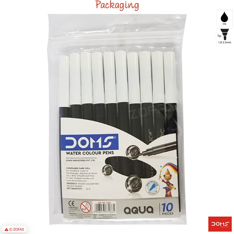 Doms Aqua Felt Tip Pens, BLACK, Pack of 10, Fibre