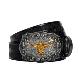 Eohak Mens-Western-Cowboy-Belt - Longhorn-Bull-Pattern-Buckle-Belt Floral-Engraved-Buckle-Belt Fit 25" to 38" Waist, Black, Fit Waist 34-38 in