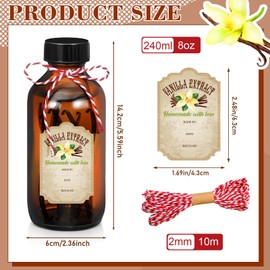 Uiifan 8 Pcs Vanilla Extract Bottles Boston Round Bottles with Caps Glass Bottle and 8 Pcs Vanilla Extract Labels Stickers for Syrup Gift Glass Food Storage Canister Set Sauce Beans (8 oz)