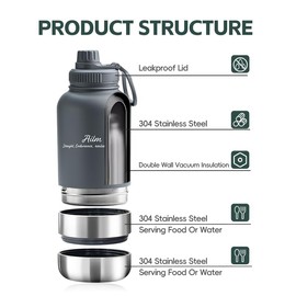 3-in-1 Travel Pet Feeder and Water Bottle - 32 oz Insulated Stainless Steel with Dual Food and Water Bowls (Gray)