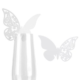 Tarjetas de identificación de copa de vino con mariposa, 50 etiquetas de papel perlado cortadas con láser para decoración de mesa de boda, fiesta, color blanco