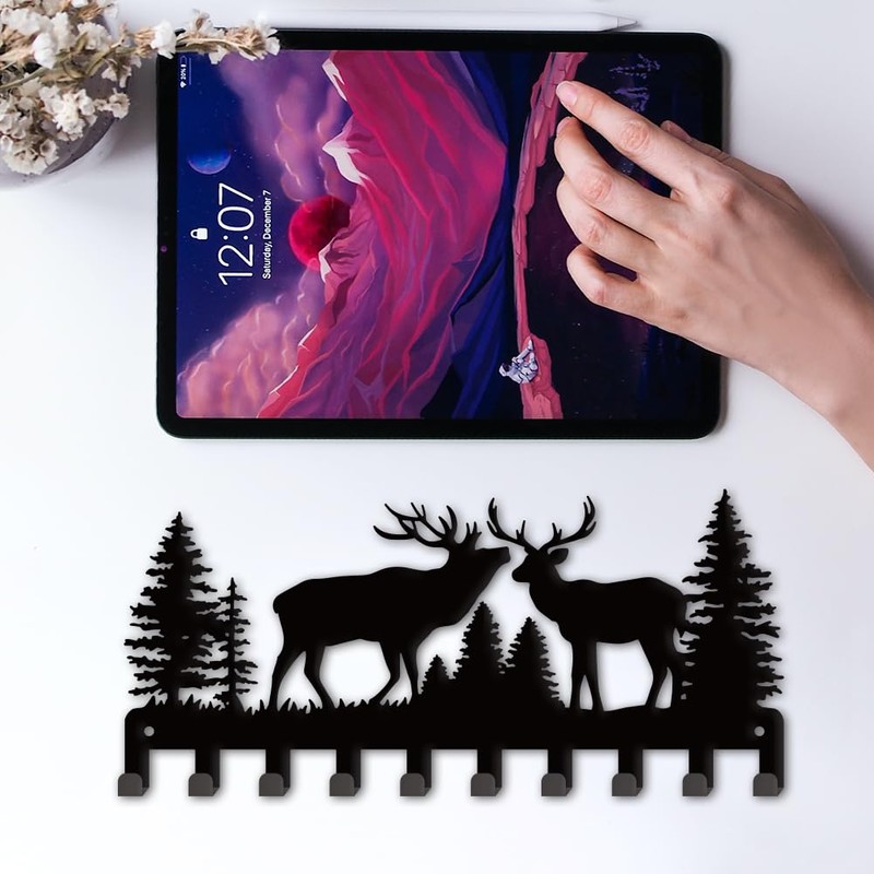 SUPERDANT Reindeer and Forest Metal Key Hooks with 10-Hooks Key