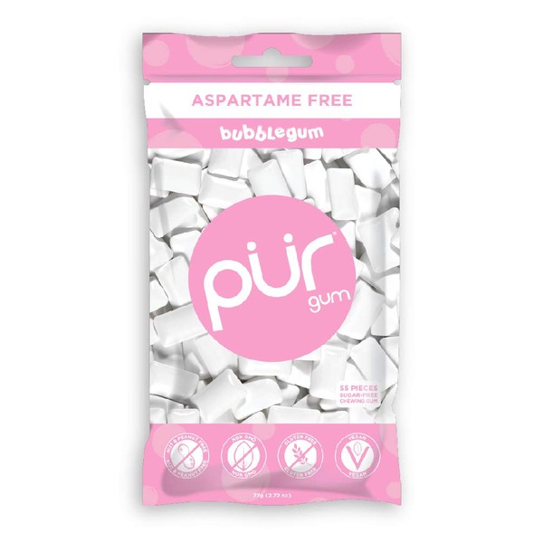 PUR 100% Xylitol Chewing Gum, Sugarless Bubble Gum, Sugar free & Aspartame Free, Vegan - Pink Gum, Teeth Whitening & Relieves Dry Mouth - Low Carb Pure Natural Flavored Candy, 55 Count (Pack of 1)