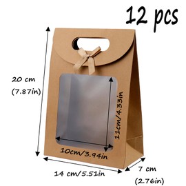 Semetall Kraft Paper Bags with Window,12Pcs Paper Gift Bags,Stand Up Gift Bag with Handles,Brown Gift Bag for Candy Cookies Packaging Wedding Christmas Party-5.5"x2.8"x7.9"