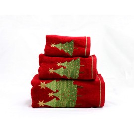Marina Decoration Christmas Premium Luxury Decor Ultra Soft 100% Cotton Embroidered Bathroom Modern 3 Piece Towel Set, Red Green Color Christmas Tree Pattern