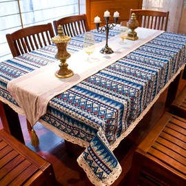 Ethnic Pattern Tablecloth, Rectangle, Square, Square Table, Round Table, Waterproof, Cotton, Linen, Comfortable Texture, Cute, Lace, High Quality, Size Options, Blue, Blue (35.4 x 35.4 inches (90 x 90