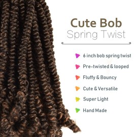 Niseyo Pre twisted Bob Spring Twist Hair 6 Inch 7 Packs Short Pre-looped Crochet Braid for Kids (T30/Ombre Medium Dark Brown)