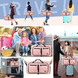 Fmeida 65L Duffle Bag with Shoes Compartment, Foldable Travel Duffel Bags for Men Women, Large Packable Travel Bag Water Repellent & Tear Resistant (Light Pink)