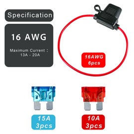 ciciment 6 Pcs Inline Fuse Holder 32V 16AWG, Waterproof Blade Fuse Holder with Copper Wire, Includes 3 * 10A 3 * 15A Fuses for Car, Truck, Motorcycle, Boat