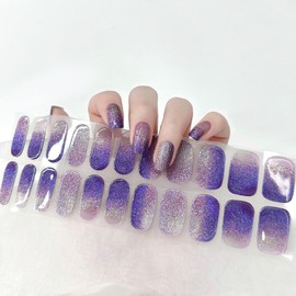 Ceboic Halbgehärtete UV Gel Strips, 22PCS UV Gel Nagelfolie Selbstklebend Langanhaltende Gellack Wraps für Nagel, Gel-Nagelfolien UV Härtend Nagellackstreifen zum Aufkleben (Lila Glitzer Gradient)
