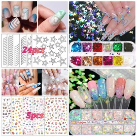 TAVADA Nail Art Brush and Decoration Set, Nail Art Decoration Accessory Set, 15 Pieces Brushes, 5 Sheets Nail Stickers, 5 Pieces Dotted Pen, Rhinestone Nails, Ultra Thin Nail Sequins for Nail Art Manicure