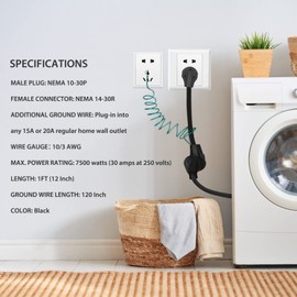 4 Prong to 3 Prong Dryer Plug Adapter Cord with External Green Ground Wire, NEMA 10-30P to 14-30R Dryer Adapter, STW 10AWG, Fits Most Dryer Outlets Installed in Homes