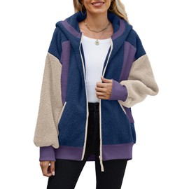 Yanekop Womens Oversized Sherpa Jacket Cozy Color Block Fleece Jacket Fuzzy Zip Up Hoodies Outerwear with Pockets(Blue Purple,S)