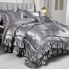 Grey Satin Comforter Set with Sheets,Silk Like Satin Ruffle Bed