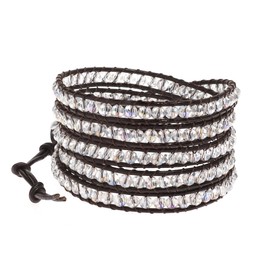 AeraVida Mystique Clear Fashion Crystal Brown Leather Five Wrap Bracelet