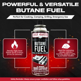 Chef Master 24x 8oz Butane Fuel Canister - Butane Fuel for Camping Stove & Kitchen Torch - Gas Canister for Picnics, Outdoor Cooking, Grilling - Camping Stove, Torch Fuel Camping Essentials - 90340