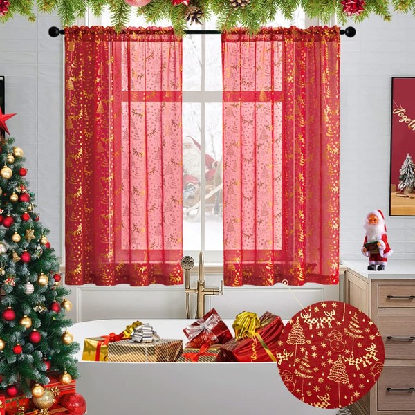 XTMYI Christmas Kitchen Curtains 45 Inch Length,Red Sheer Short Curtains