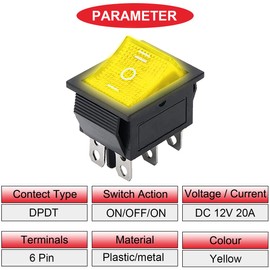 MKBKLLJY 4Pcs Rocker Switch 6Pin 3Position ON/Off/ON DC 12V AC 10A/125V 6A/250V DPDT Yellow LED Light Illuminated Boat KCD4 Rocker Switch Toggle KCD2-203N with Jumper Terminal Wires for Car Boat Truck