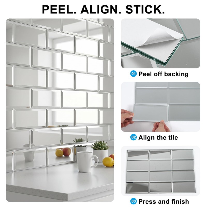SODI MOSAIC 40-Pack Real Glass Mirror Subway Tiles, 3"x6" Beveled